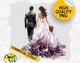 Bride And Groom Wedding Day Watercolor Clipart Design - Commercial License | Transparent Background PNG | Print On Demand, Romantic Invite