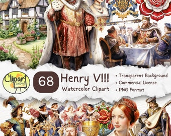 Henry VIII Watercolor Clipart Bundle | Commercial License | Transparent Background PNG | 68 Images | Regal Tudor Graphics, King Henry 8th