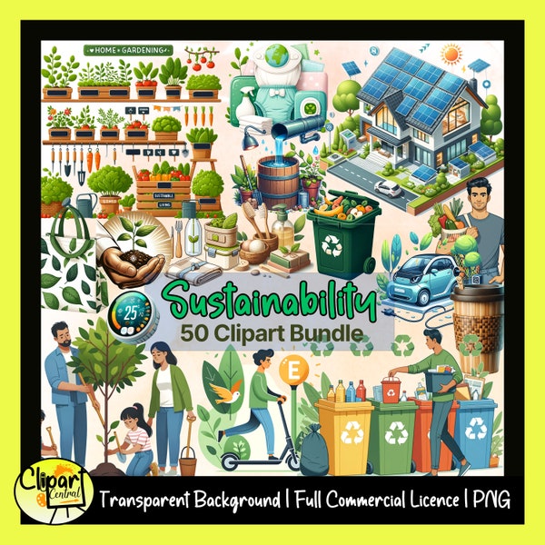 Sustainability Clipart Bundle - Commercial License | Transparent Background PNG | Green Recycling Electric Car Environmental Eco-Friendly