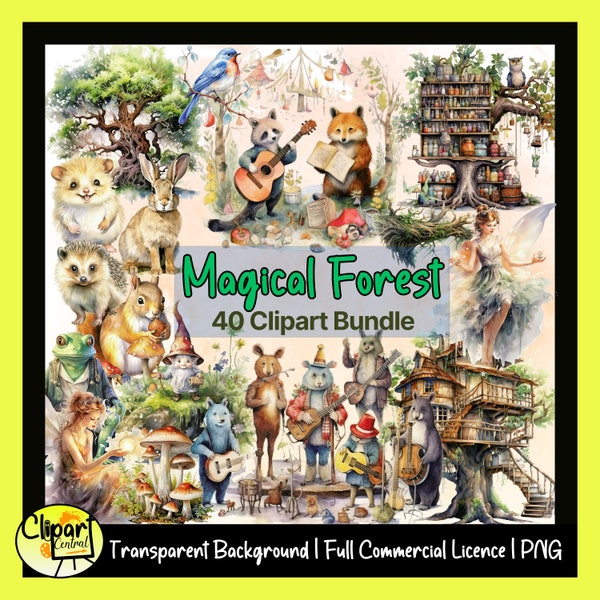 Magic Forest Watercolor Clipart Bundle - Commercial License | Transparent Background PNG | Children's Woodland Animals, Magical Fairies PNG