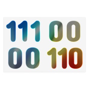Op de afbeelding: Een stickervel met de binaire reeks 1110000110. De cijfers 111 zijn in een blauw verloop, 00 in een groen-goud verloop, 00 in een blauw-grijs verloop en 110 in een geel-naar-rood verloop op een witte achtergrond.