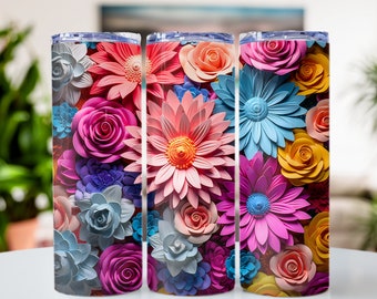 3D Flowers Tumbler Wrap PNG, 20oz skinny, Digital Download