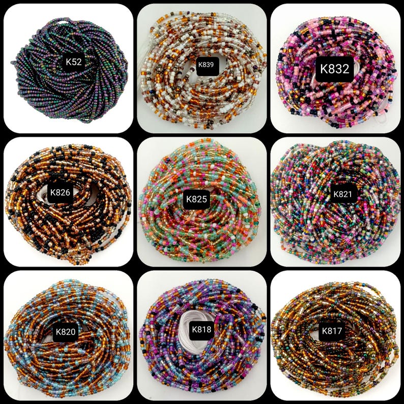 May include: Nine different strands of colorful glass beads, each wrapped in a circle. The beads are various colors, including black, white, brown, pink, green, blue, and gold. Each strand has a label with a number, such as "K826" or "K832".