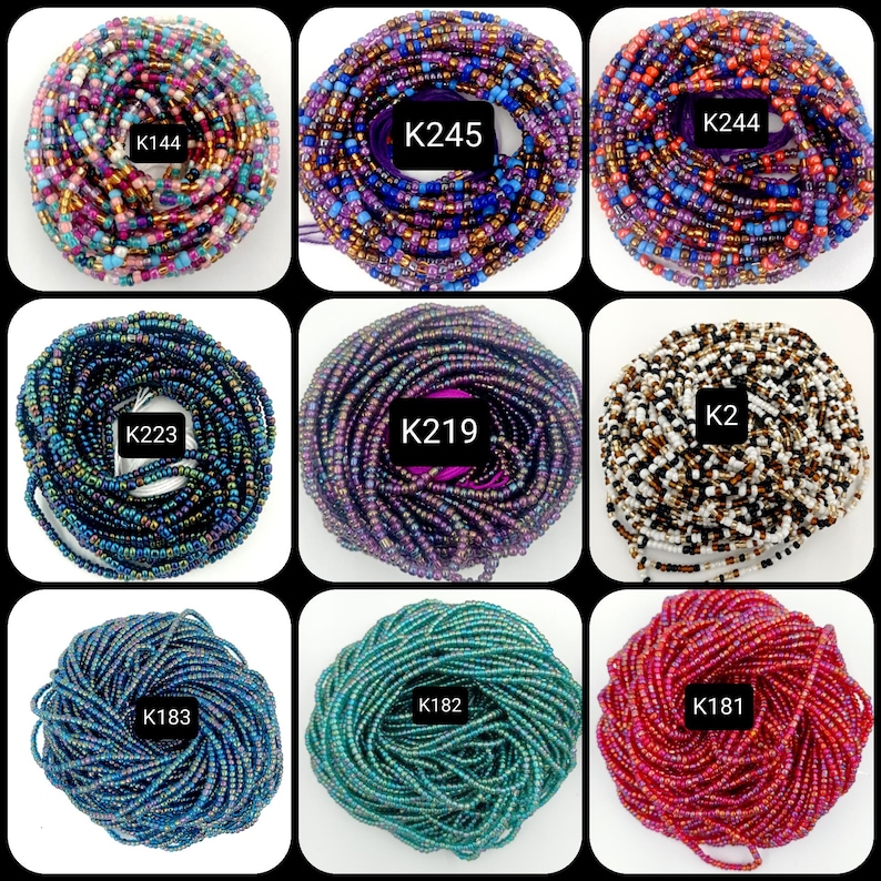 May include: Nine different strands of colorful glass beads, each wound into a circle. The beads are iridescent and have a variety of colors, including blue, green, purple, red, and white. Each strand is labeled with a code, such as "K245" and "K183".