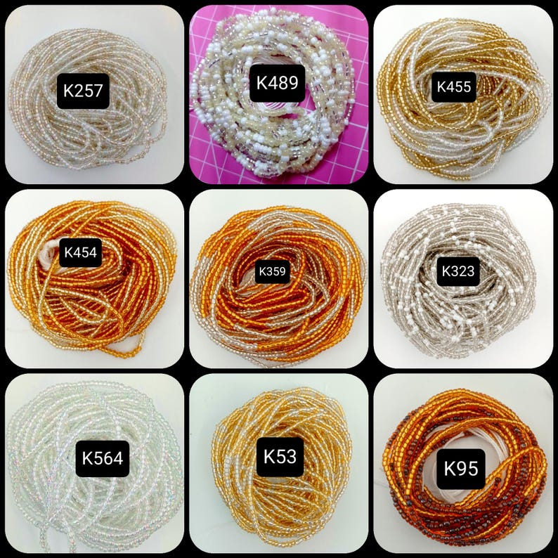 May include: Nine different strands of beads, each in a different color combination of gold, white, and brown. Each strand is labeled with a code, such as "K257", "K489", "K455", "K454", "K359", "K323", "K564", "K53", and "K95".