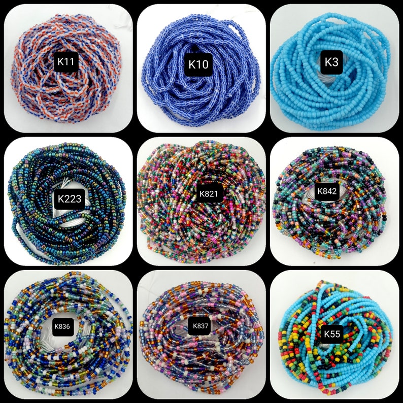 K&ouml;nnte beinhalten: Neun verschiedene Str&auml;nge bunter Perlen, die jeweils zu einem Kreis gewickelt sind. Die Perlen sind in verschiedenen Farben und Gr&ouml;&szlig;en, darunter Blau, Rot, Wei&szlig;, Schwarz, Gr&uuml;n und Gold. Jeder Strang ist mit einem Code gekennzeichnet, wie z. B. "K11", "K10", "K3", "K223", "K821", "K842", "K836", "K837" und "K55".