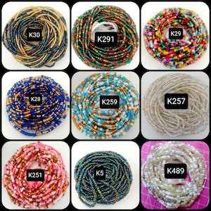 May include: Nine different beaded waist beads, each in a different color combination. The beads are arranged in a circle and are labeled with a code, such as K28, K259, and K489.