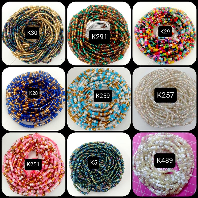 May include: Nine different beaded waist beads, each in a different color combination. The beads are arranged in a circle and are labeled with a code, such as K28, K259, and K489.
