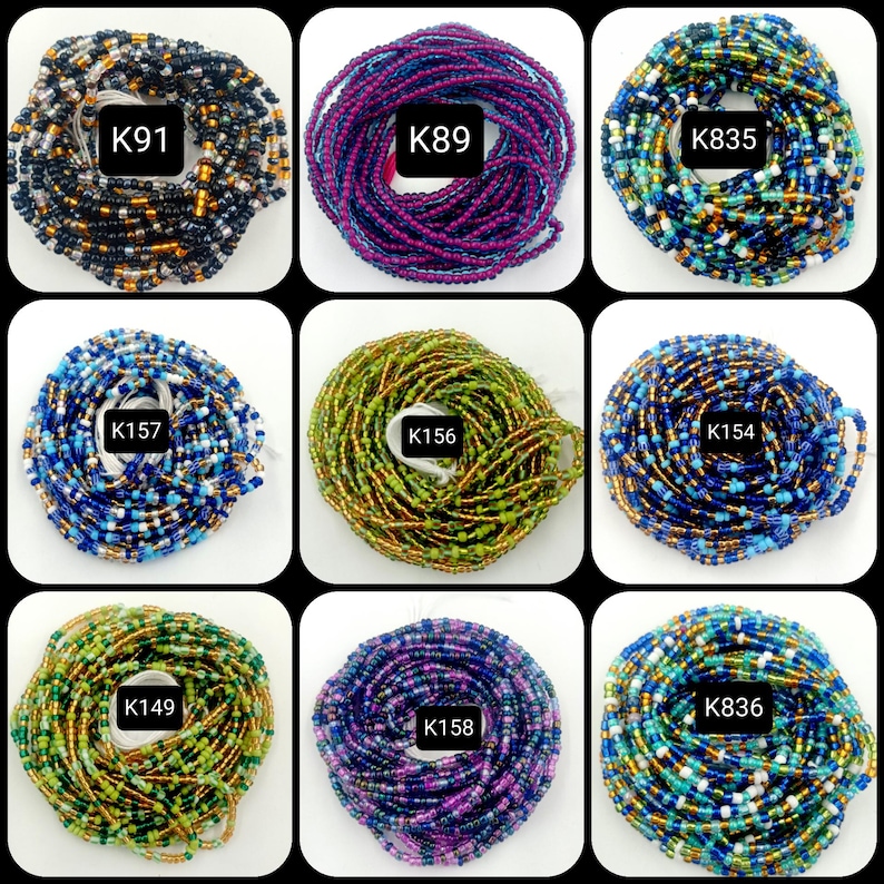 May include: Nine different beaded waist beads, each with a unique color combination and pattern. The beads are arranged in a grid pattern, with each bead labeled with a code, such as "K91", "K89", "K835", "K157", "K156", "K154", "K149", "K158", and "K836".