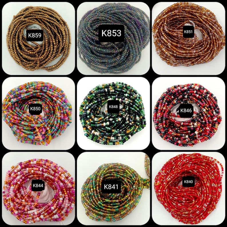May include: Nine different strands of colorful beads, each wrapped in a circle. The beads are various colors and patterns, including red, green, blue, black, white, gold, and brown. Each strand is labeled with a number, such as "K859", "K853", "K851", "K850", "K848", "K846", "K844", "K841", and "K840".