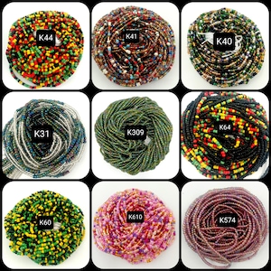 May include: Nine different strands of colorful glass beads, each with a unique pattern and color combination. The beads are arranged in a grid pattern, with each strand labeled with a code, such as "K44", "K31", "K64", etc.