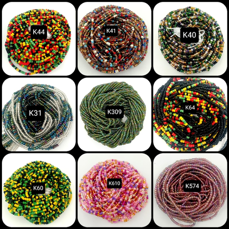 May include: Nine different strands of colorful glass beads, each with a unique pattern and color combination. The beads are arranged in a grid pattern, with each strand labeled with a code, such as "K44", "K31", "K64", etc.