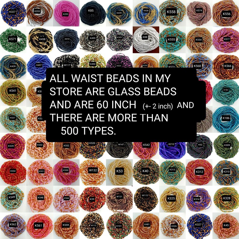 K&ouml;nnte beinhalten: Eine Sammlung von &uuml;ber 500 Arten von Glasperlen, jede etwa 60 Zoll lang. Die Perlen sind in einem Raster angeordnet und alle in verschiedenen Farben und Mustern. Der Text "ALL WAIST BEADS IN MY STORE ARE GLASS BEADS AND ARE 60 INCH (+-2 inch) AND THERE ARE MORE THAN 500 TYPES." wird in der Mitte des Bildes angezeigt.