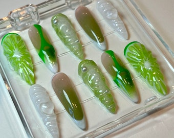 Custom Press-On Nail Set | Lime Aura Dream: 3D Gel, French Tips, and Pearl Magic