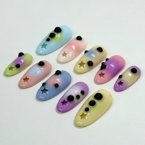 Custom Press-On Nail Set | Enchanted Pastel Dreams: Aura, Star Cutouts, and Black Pearls