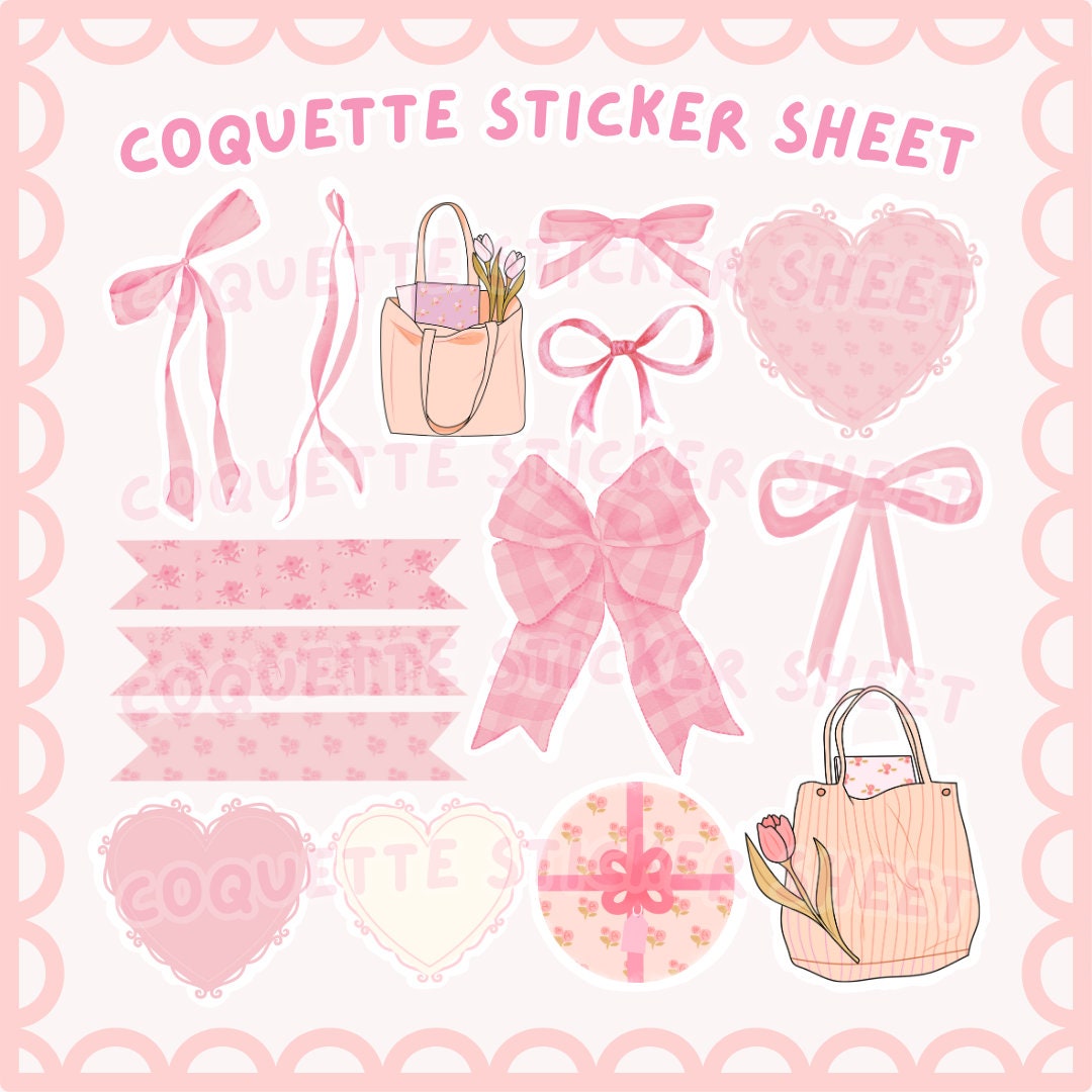 Coquette Pink Bow Printable Sticker Sheet | Digital Planner Stickers ...