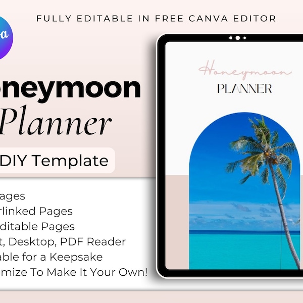 Honeymoon Travel Itinerary Planner Editable on Canva, Minimalist Trip Planner, Printable Desktop Tablet Digital Download Template Wedding