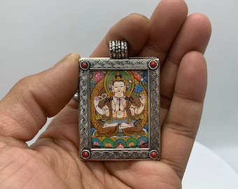 four armed avalokitesvara mini thangka pendant. compassion buddha. chenrezig. hand painted pendant thangka. necklace.protection amulet.