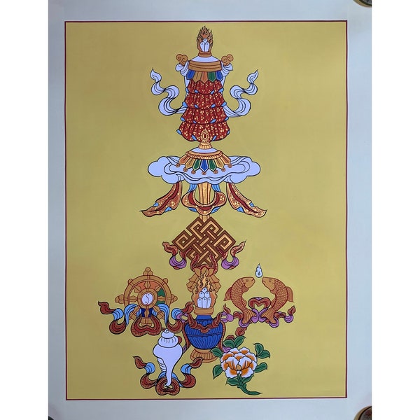 58x45cm Eight auspicious symbols. Astamangal thangka. Tibetan style 8 auspicious symbols. tibetan wall decor. Tashi Taggye. for good fortune