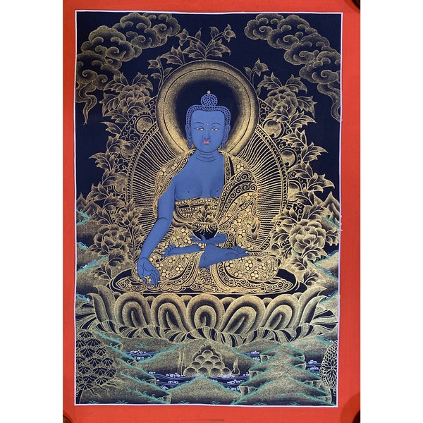 medicine buddha thangka. black and gold hand painted art work. healing buddha. sangay menla.