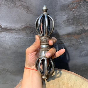 Hand crafted 9 pronged Vajra. antique finish Vajra made of cold iron. rust free. Tantric ritual object symbolizing destructor of ignorance.
