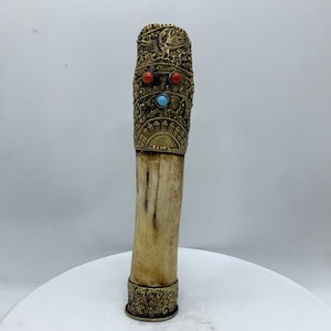 May include: A decorative bone trumpet with a gold-colored metal top and three red and blue gemstones. The trumpet is intricately carved with floral designs.