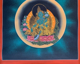 美しい緑のターラ夜空タンカ。手描きのターラタンカ。神社や壁の装飾に