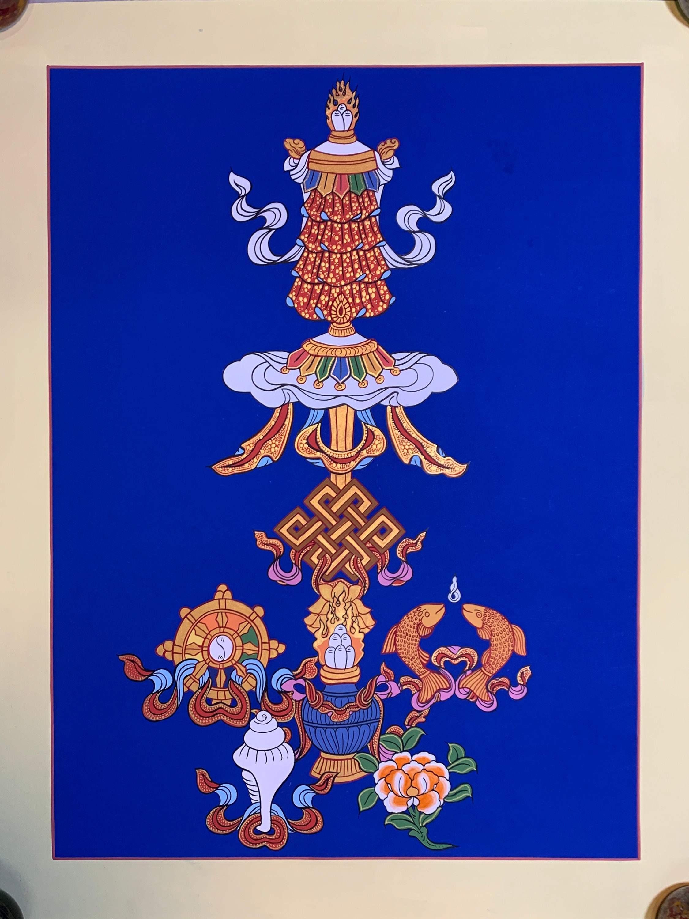 Huit symboles de bon augure. 8 signes portebonheur. Thangka d