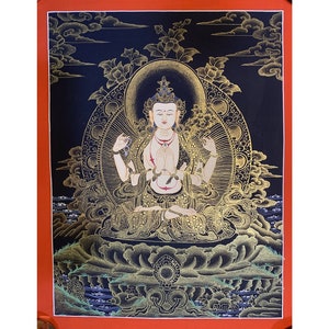 chenrezig thangka. compassion buddha. hand painted thangka painting. tibetan art. nagthang. black and gold. avalokitesvara.
