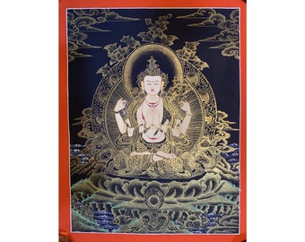 chenrezig thangka. compassion buddha. hand painted thangka painting. tibetan art. nagthang. black and gold. avalokitesvara.