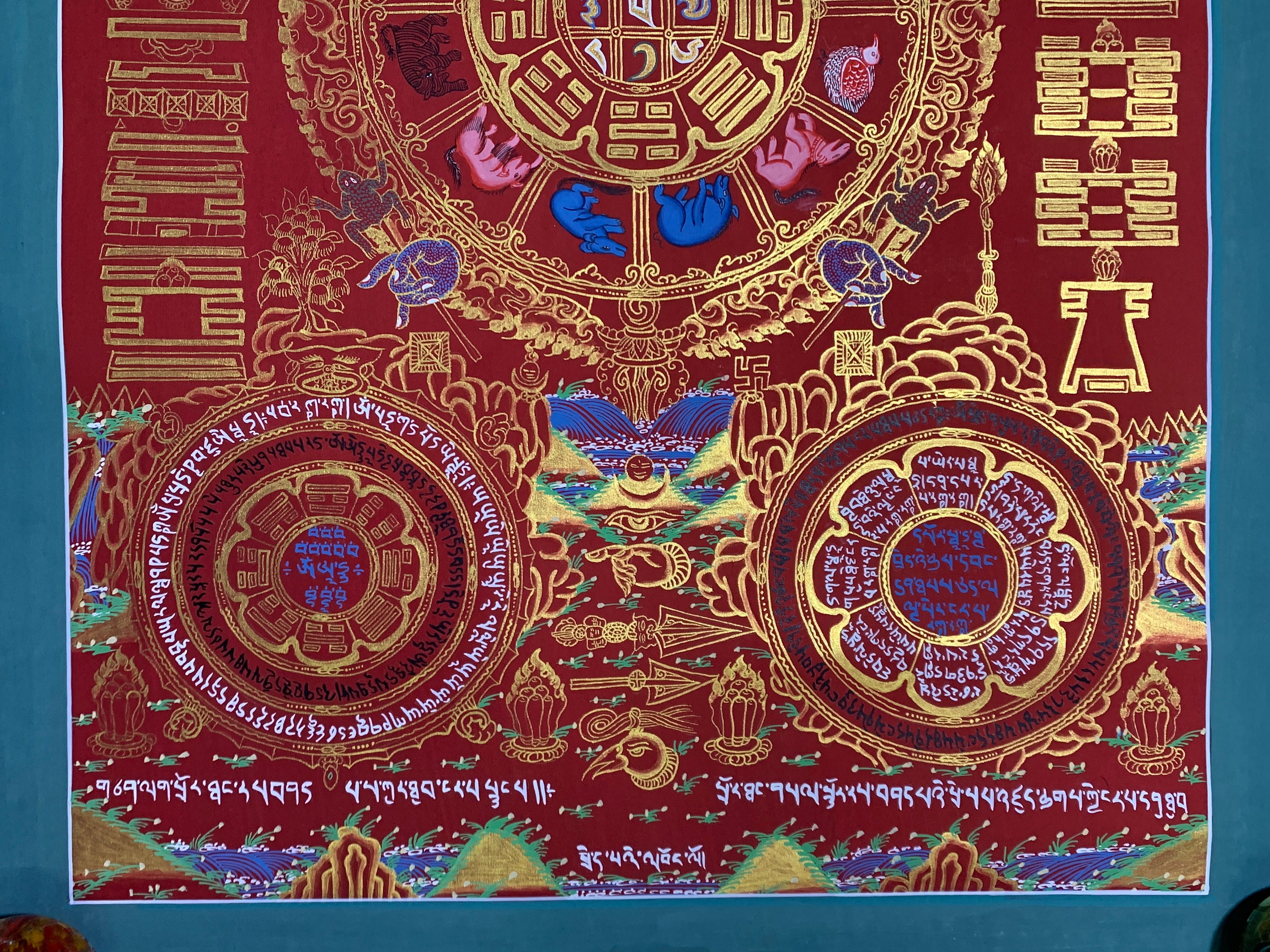 69x50 Cm Red Tibetan Calendar Thangka. Lunar Based Calendar. Mandala
