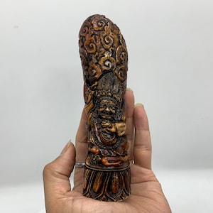 14 cm tall mahakala bernag. gompo Bernagchen. Hand carved on real yak bone. vajra stamp. Mahakala inside blazing fire. powerful dharmapala.