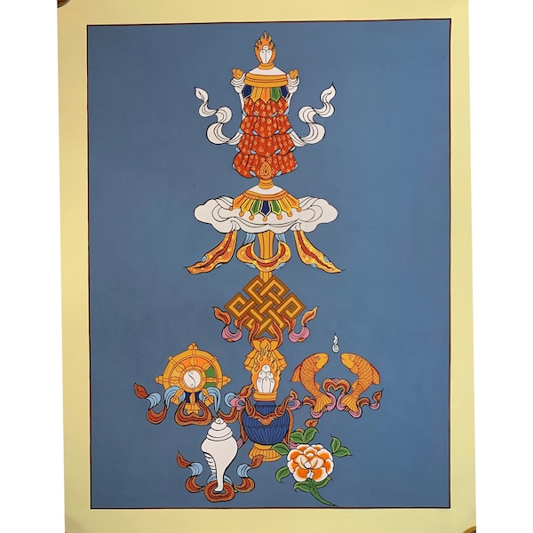 58x45 cm Eight auspicious symbols. Tashi Taggye. Tibetan style auspicious symbols. tibetan wall decor. 8 lucky signs. for good fortune.