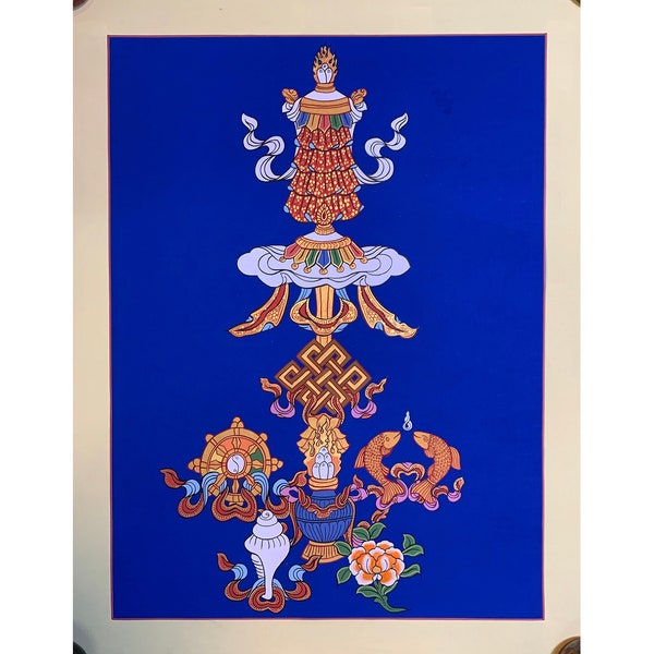 Eight auspicious symbols. 8 lucky signs. Astamangal thangka. Tibetan style auspicious symbols. for good luck. Tashi Tagye. for good fortune.