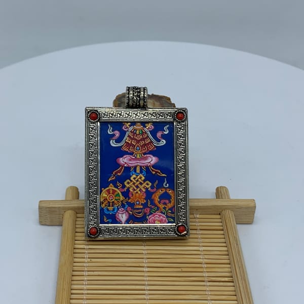 8 auspicious symbols mini thangka. Astamangal. Tashi taggye with blue background. good luck. lucky signs. hand painted mini thangka.