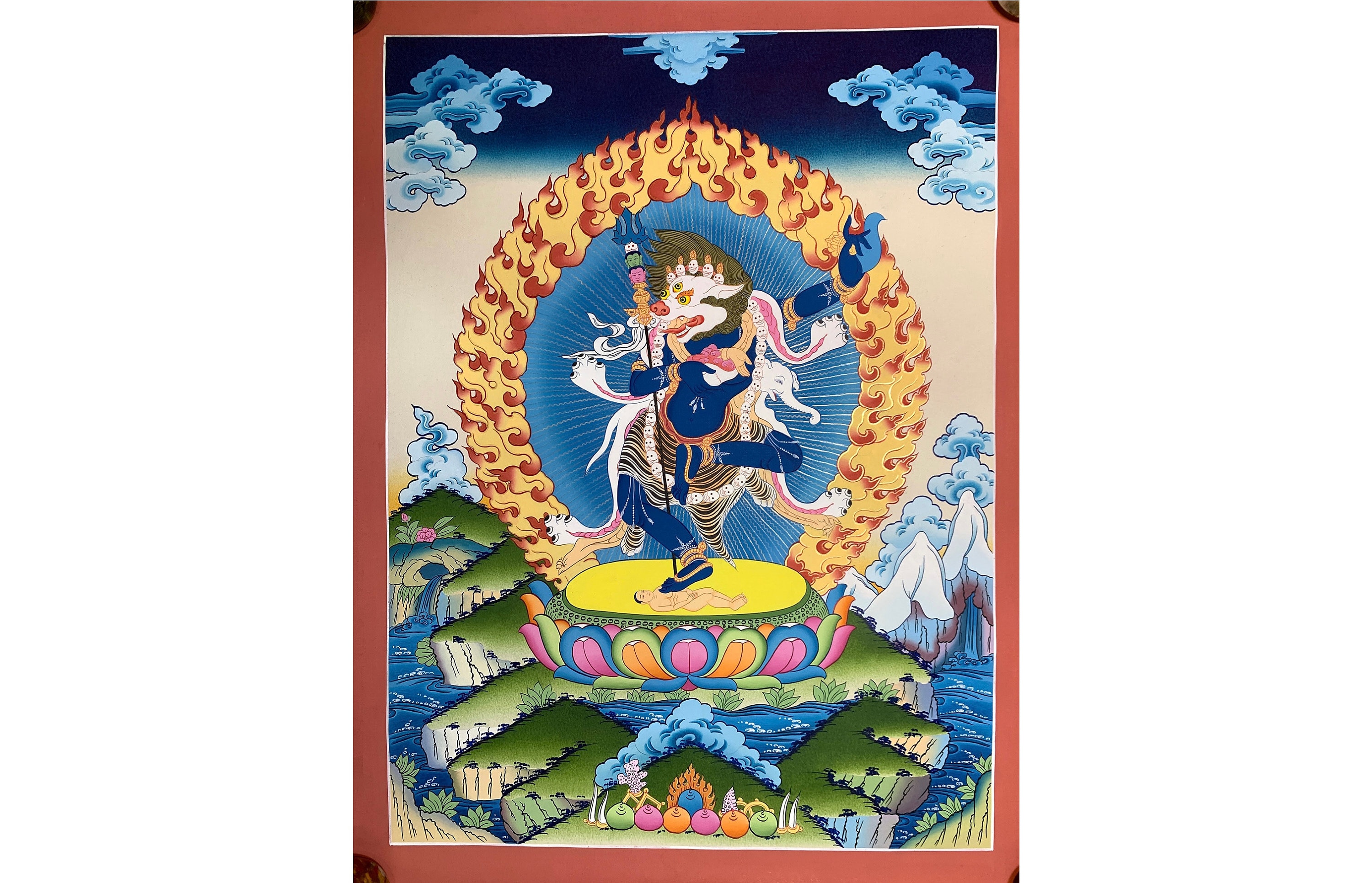Fine quality Singdongma thangka. hand painted . 24 k gold used. the lion headed dakini. simhamukha dakini.