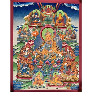 May include: A colorful Tibetan Buddhist thangka painting depicting a deity surrounded by other figures. The central figure is seated on a lotus throne and holds a bowl in their hands. The painting is filled with intricate details and vibrant colors, including red, blue, green, yellow, and gold.