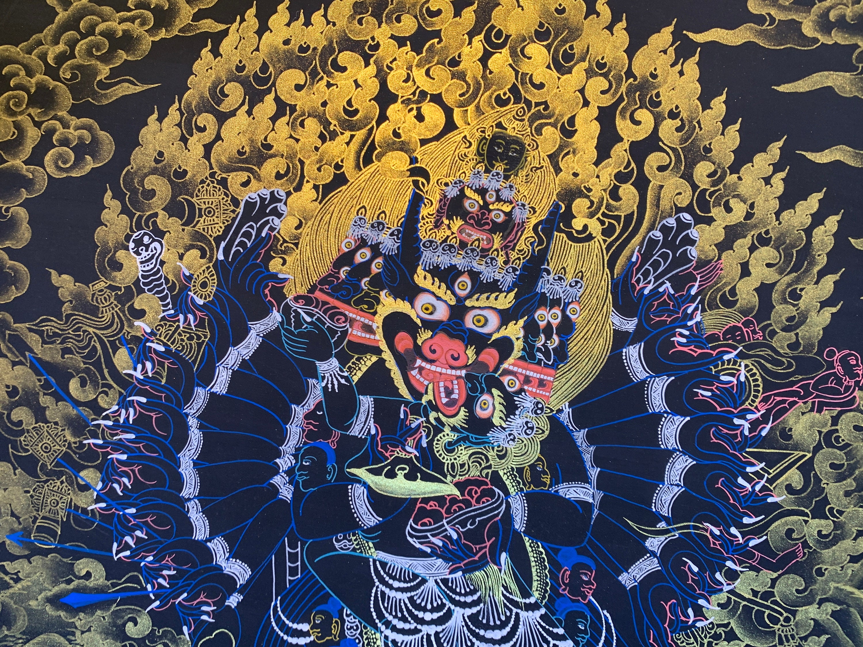 Black and Gold Yamantaka Thangka. Hand Painted Thangka Painting