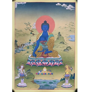 best quality medicine buddha thangka. healing doctor buddha. bhaisajya guru. hand painted original painting.
