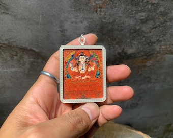 four armed arya avalokitesvara mini thangka pendant. compassion buddha. chenrezig. hand painted thangka.