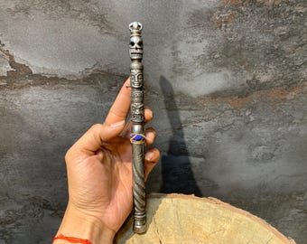 23 cm hand made Pure iron Khattang, Khatvanga with skull, peaceful and wrathful heads. tantric ritual instrument. tantra magical wand.