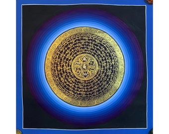 mantra mandala. compassion prayer. tibetan calligraphy. blue rainbow tibetan mandala. hand painted original painting. tibetan wall decor.