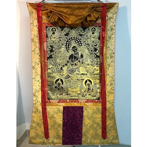 120x79 cm Black and gold green tara thangka with Tibetan traditional brocade. shakyamuni, ratnasambhav, vajrasattva and white tara, tara