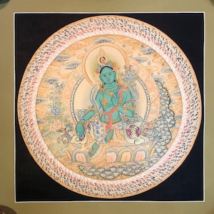 35x35 cm yellow theme green tara thangka. tibetan thangka painting. hand painted. protector of beings. Dolma. for protection from 8 fear.