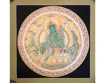 35x35 cm yellow theme green tara thangka. tibetan thangka painting. hand painted. protector of beings. Dolma. for protection from 8 fear.