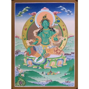 Beautiful Green tara thangka painting. Dolma thangka. Green liberating mother tara, free beings from 8 fears. Compassionate Tara ,