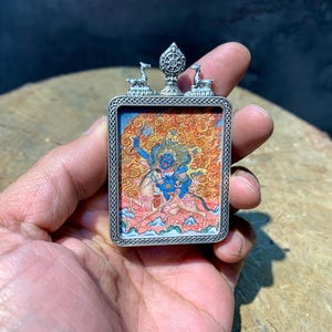 Best quality mini colorful Palden lhamo thangka pendant. necklace thangka. wisdom dakini on mule. hand painted shri devi thangka painting.