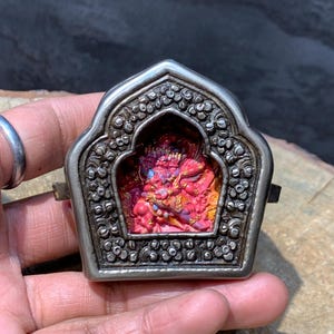 Best quality rare Hayagriva tsatsa. hand made tsatsa with iron ghau box. Tamdin statue. detail painted tamdin tsatsa.