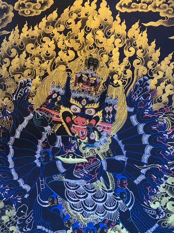 Black and Gold Yamantaka Thangka. Hand Painted Thangka Painting