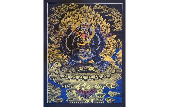 Black and Gold Yamantaka Thangka. Hand Painted Thangka Painting